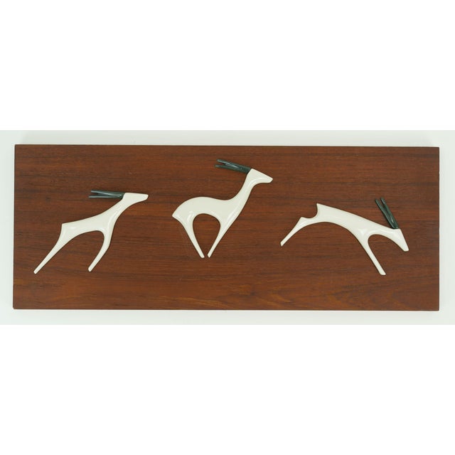 Wood Mid-Century Modern Teak Wall Panel with Porcelain Antelopes by Peter Mueller for Sgrafo Modern, 1960s For Sale - Image 7 of 10