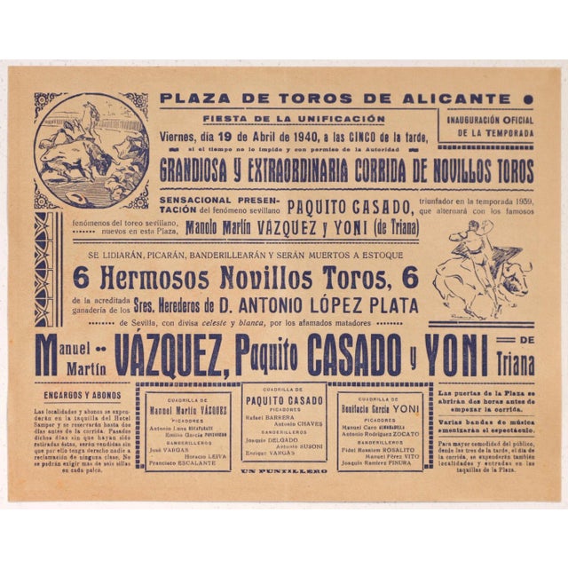 Paper 1950's Spanish Bullfighting Poster, Plaza De Toro, Valencia (Set of 2) For Sale - Image 7 of 8