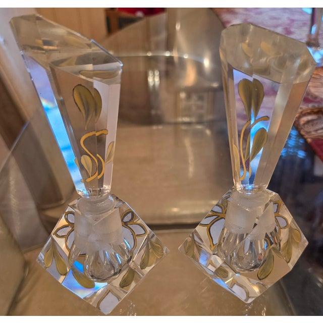 Glass Mid-Century Pair Beautiful Large Cut Clear Crystal Prism Perfume Bottle Etched Gold Floral For Sale - Image 7 of 8