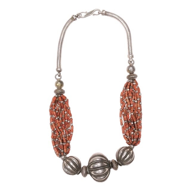 Early 20th Century 3 Metal Bead & Coral Necklace From Yemen For Sale