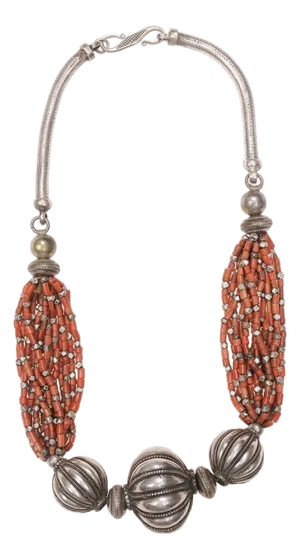 Early 20th Century 3 Metal Bead & Coral Necklace From Yemen