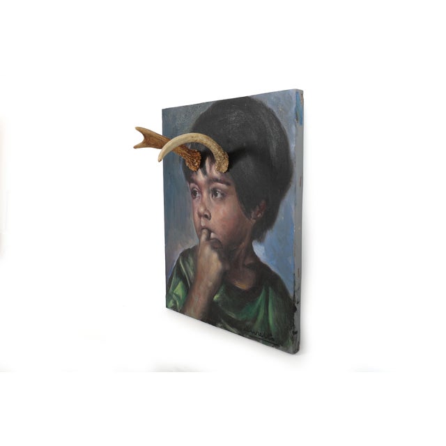 Portraiture 1960's Original Portrait of a Little Boy Altered With Antlers For Sale - Image 3 of 10