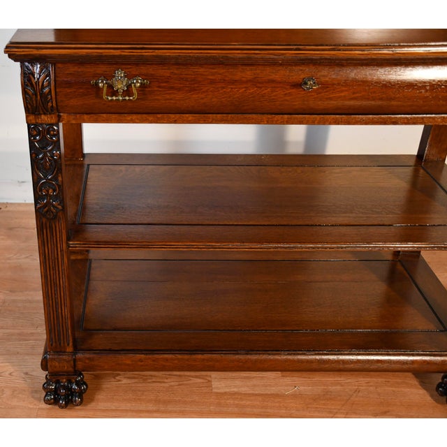 1900 - 1909 1900 Antique Rj Horner Solid Tiger Oak Carved Griffin Server / Buffet For Sale - Image 5 of 18
