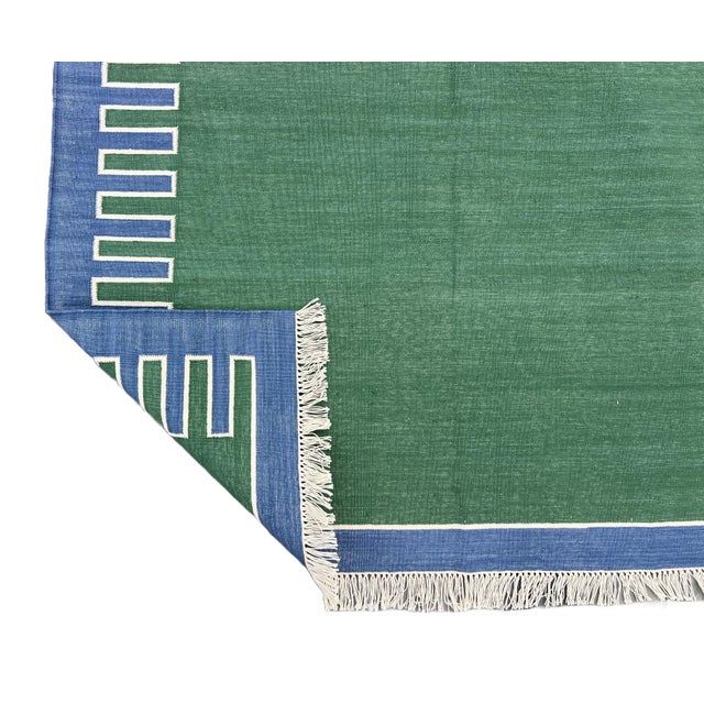 Handmade Cotton Vegetable Dyed Rug, Forest Green, White and Blue Zig Zag Striped Dhurrie-10'x14' For Sale - Image 11 of 12