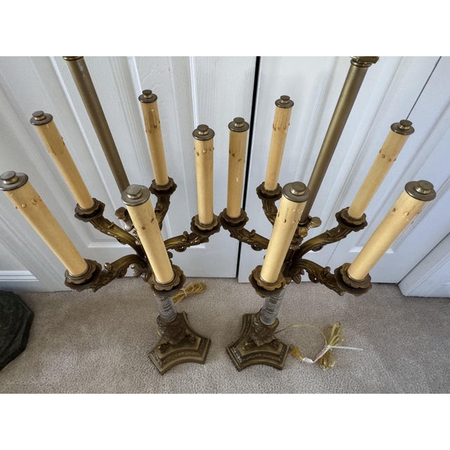 Metal Mid 20th Century French Empire Gilt Bronze 5-Light Candelabra Lamps W/John Richard Shades For Sale - Image 7 of 18