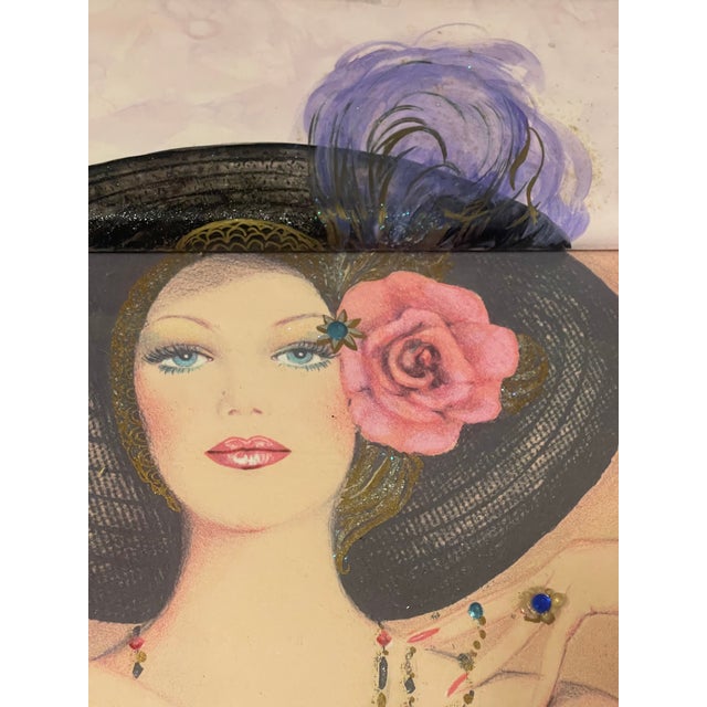 1990s 1990s 3D Mixed Media Embellished Print & Frame W Beads Sparkle Signed Mary Vickers For Sale - Image 5 of 12