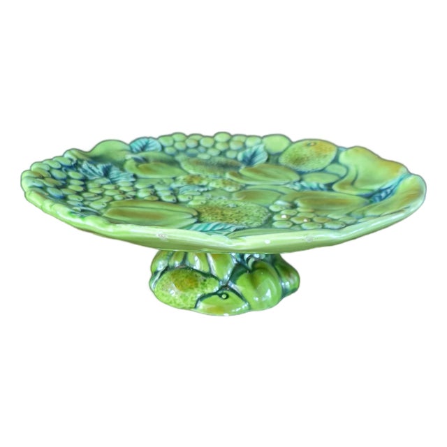 1960s Inarco Japan E2606 Green Majolica-Style Fruit Pedestal Compote For Sale