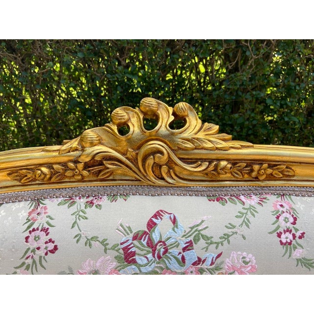 1980s Vintage French Louis XVI Tufted Beige Velvet Sofa With Gilded Beech & Damask For Sale - Image 10 of 12