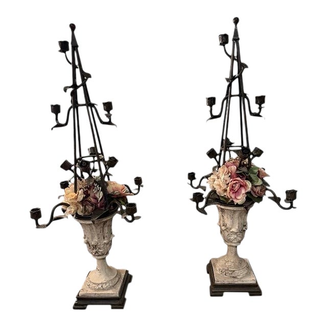 Rare Find Heavy Topiary Table or Mantle Decor -Stone and Wrought Iron Topiary With Roses - a Pair For Sale