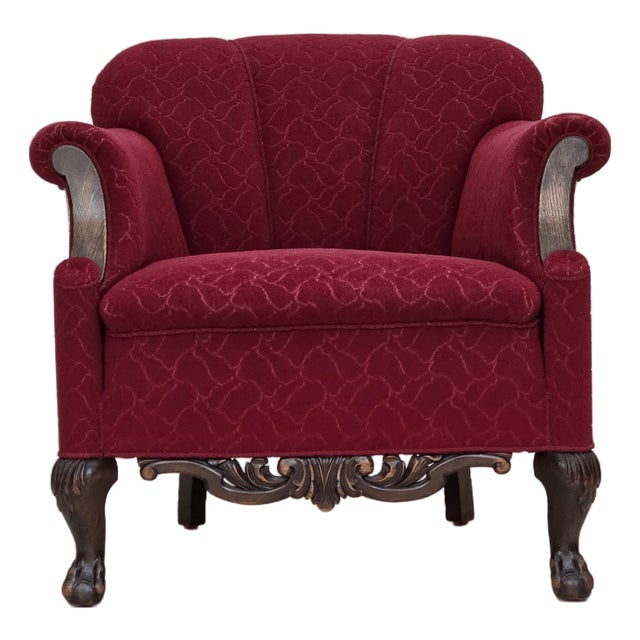 Danish Armchair in Red and Light Grey Wool and Oak, 1950s For Sale