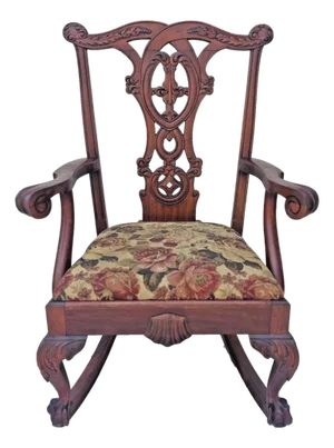 Antique 1890s Geo. C. Flint Co. Chippendale Mahogany Rocking Chair Claw Foot