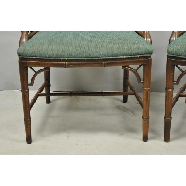 Brown Vintage Chinese Chippendale Faux Bamboo Wood Fretwork Dining Arm Chairs - A Pair For Sale - Image 8 of 14