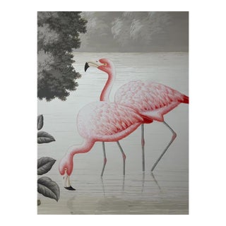 Hand Painted Scenic Wallpaper Sample, Pink Flamingo Lake Landscape Wall Mural, Luxury Decorative Wallcovering For Sale
