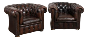 Pair, Chesterfield Brown Leather Armchair Club Chairs, Denmark Circa 1940-60