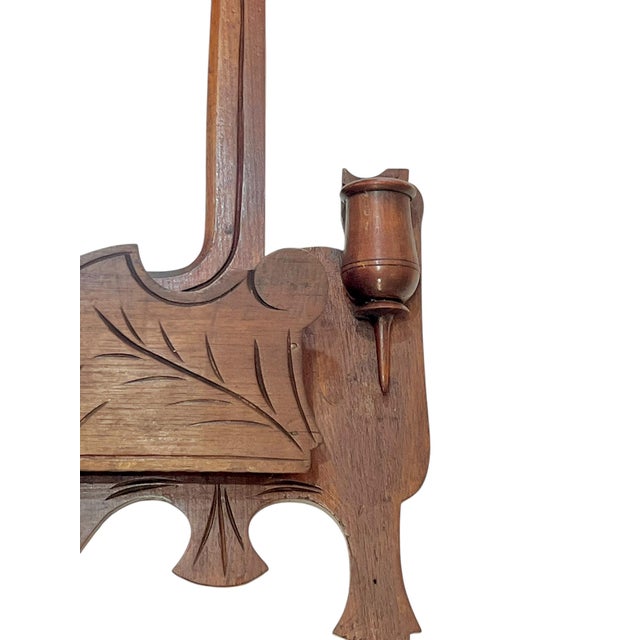 Antique Tramp Art Carved Wood Mirror With Candleholders and Pocket For Sale - Image 4 of 13