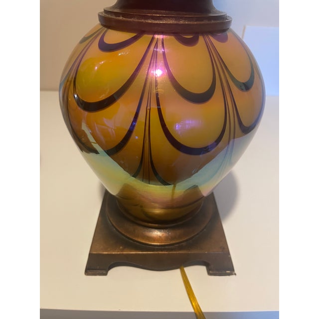 Glass Vintage Iridescent Art Glass Table Lamps-Murano Style Amber Feather Patten - A Pair For Sale - Image 7 of 17