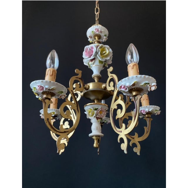 Antique Chandelier in Ceramic and Brass, 1960s For Sale - Image 4 of 11