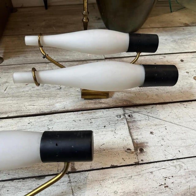 Two 1950s Stilnovo Style Mid-Century Modern Brass and Glass Wall Sconces For Sale - Image 9 of 12