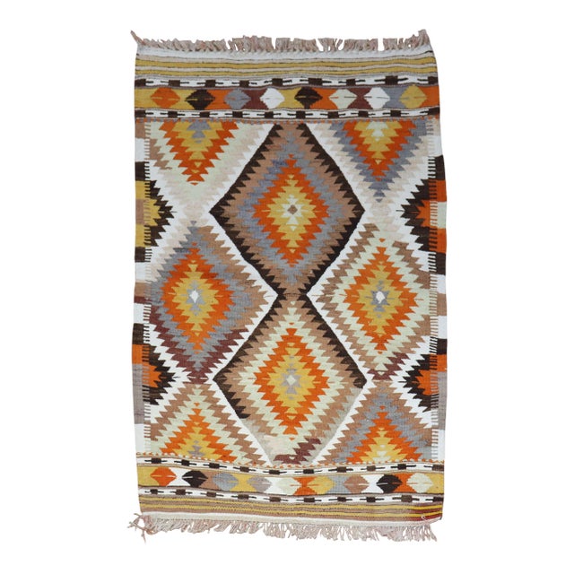 Vintage Geometric Orange Turkish Kilim - 3'3" x 5'1" For Sale