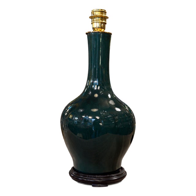 Dark Green Glazed Ceramic Lamp, 1950s For Sale
