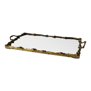 Vintage Mid-Century Rectangle German Style Floral Design Brass Frame Mirror Vanity Tray For Sale