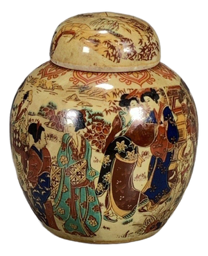Japanese Satsuma Lidded Ginger Jar, Geisha Bijin Figural Scene, Round Ceramic Canister