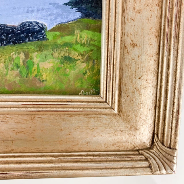 Beautiful original acrylic on board entitled “On Skye” by artist Julia Burr. Landscape of water, mountains, grass, stone...