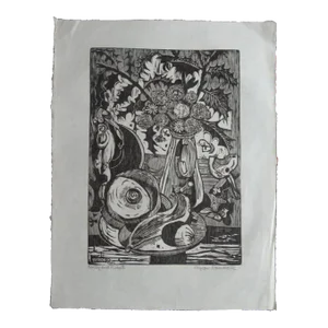 Mid 20th Century "Holly & Fruit" Byron Randall Modernist Abstract Woodcut Print