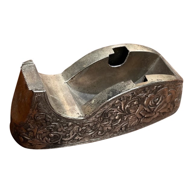 1970s Small Silver Etched Tape Dispenser With Floral Details For Sale