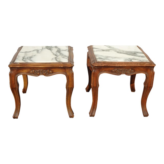 Pair of Vintage French Provincial White Marble Top End Tables ~ Nightstands For Sale