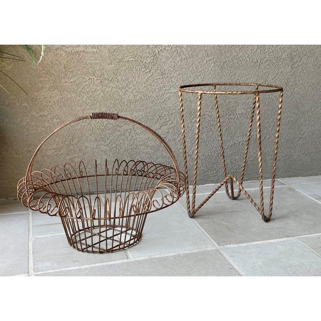 French Country Circa 1980 Nicely-Sized Victorian-Style Steel Wirework Planter Basket & Forged Steel Stand – 2 Pieces For Sale - Image 3 of 18