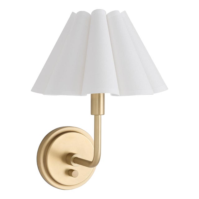 Polly Sconce Single, Natural Brass with Linen Scalloped Shade For Sale