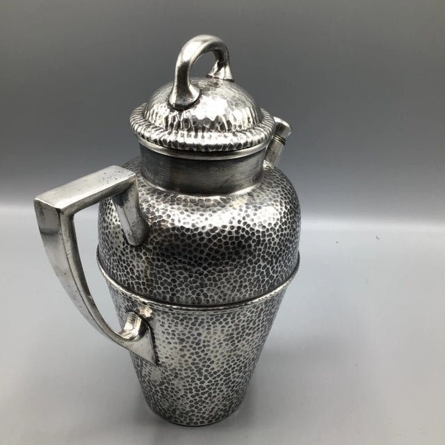 Tea Pot Style Cocktail Shaker 1930’s T and T Nickel Silver Hand Hammered For Sale - Image 4 of 13