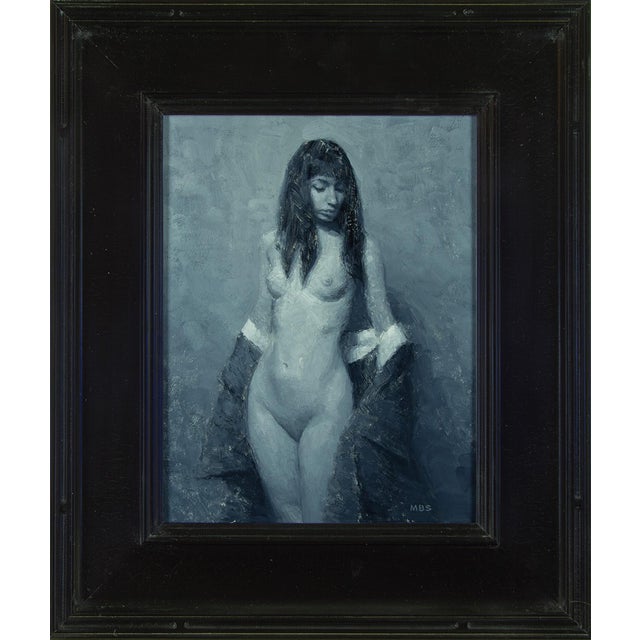 This oil painting presents a figure draped in a dark garment, evoking a sense of introspection and vulnerability. The...