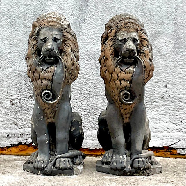 Vintage Boho Cast Concrete Lion Statues - a Pair | Chairish