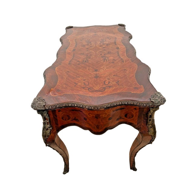 Antique French Desk Three Dovetail Drawers Brass Ormolu Hand Cut Floral Inlays For Sale In Palm Springs - Image 6 of 13