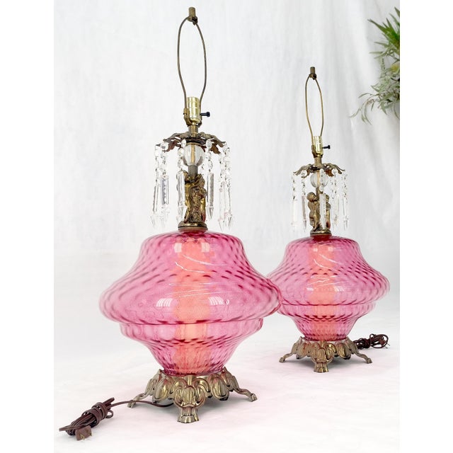 Early 20th Century Pair of Large Cranberry Glass Crystal Decorated Table Lamps MINT! For Sale - Image 5 of 15