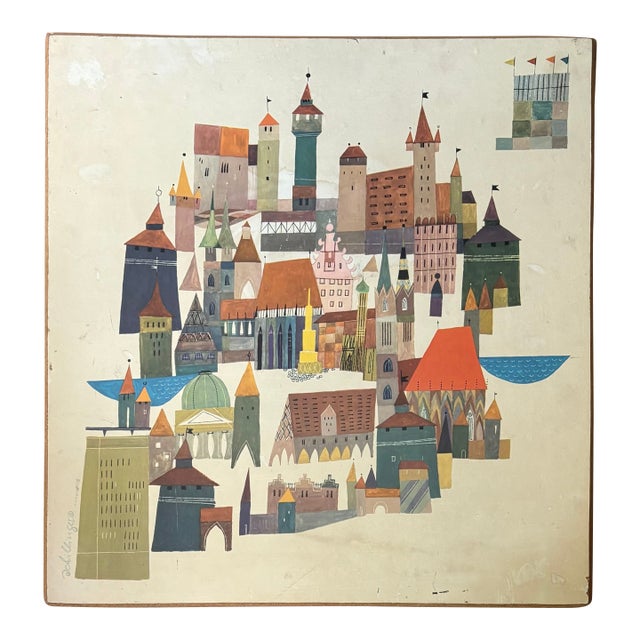 22" X 22.5" MCM Mounted Print: Nuremberg Germany Cityscape by Heinz Schillinger For Sale