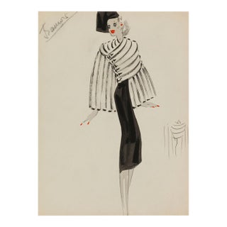 Vintage French Fashion Wall Art Print – White Coat & Black Dress, 24" X 32" For Sale