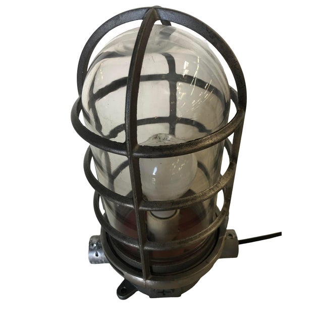 Industrial 1970s Industrial Iron Caged Marine Vapor Glass Light Fixture For Sale - Image 3 of 7