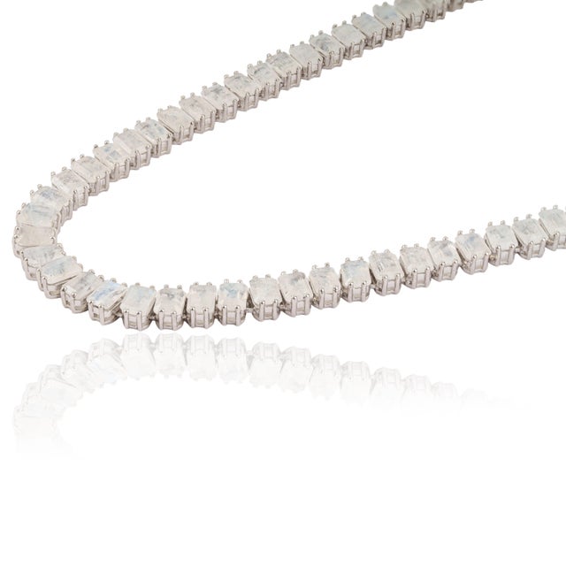 Metal 85.1 Ct Natural Moonstone Handcrafted Tennis Necklace With Drop Earrings Set - 3 Pieces For Sale - Image 7 of 15