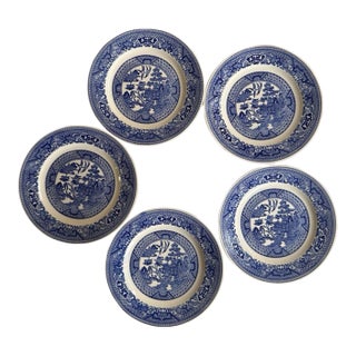 Vintage Blue Willow Plates Set of Five Ironstone Style 6 3/8 Inch For Sale