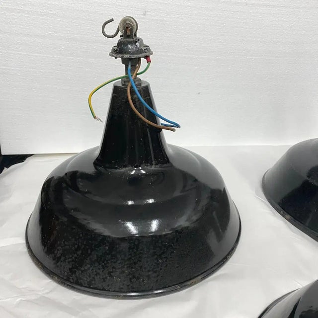 1930s Set of Three Industrial Black Painted Metal Italian Pendants For Sale - Image 10 of 13