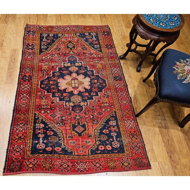 Textile Vintage Persian Malayer Area Rug, Hand-Knotted Wool, Geometric Tribal Pattern, 4x6, Red & Blue For Sale - Image 7 of 16