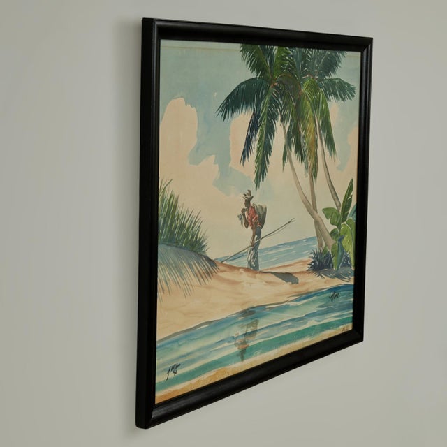 Mid-Century Modern Vintage Tropical Watercolor For Sale - Image 3 of 9