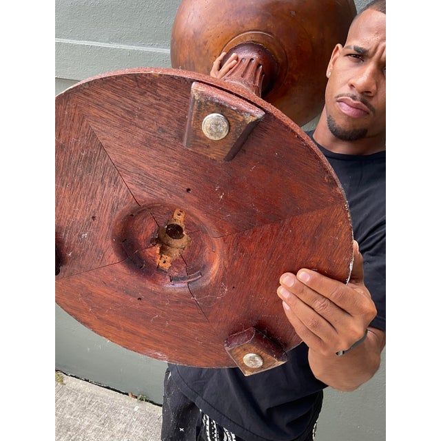 This striking vintage pedestal bowl is a masterclass in Neoclassical woodworking and architectural form. Featuring a deep,...