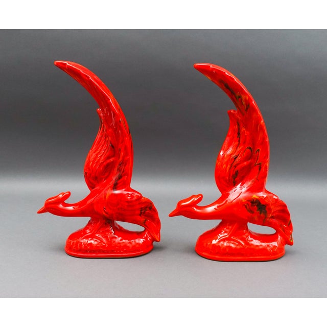 California Originals Pottery Pair Of Vintage Mid Century Modern Red Lava Glazed Fire Phoenix Pheasant Birds. Measures...