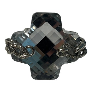 Large Rhinestone Silver Plated Ring With Chain Detail For Sale