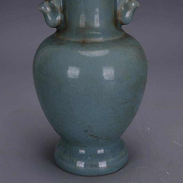1950s Sky Blue Crackle Glaze Amphora Style Vase With Twin Ornate Handles For Sale - Image 4 of 5
