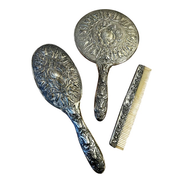 Vintage Silver-Plate Vanity Set With Comb, Brush and Mirror - 3 Piece Set For Sale